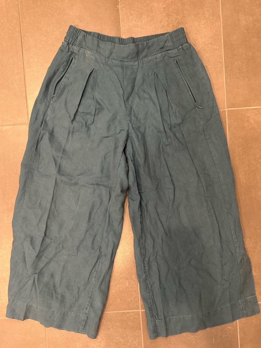 Athleta Wide Leg Linen Pants Teal Blue Zipper Pockets Elastic Waist Size 10
